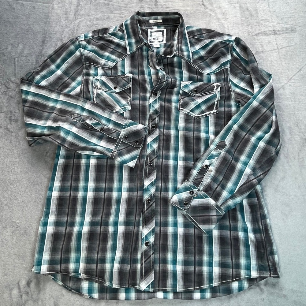 BKE Mens Slim Fit‎ Western Pearl Snap Plaid Shirt Teal Black XXL Cowboy Country